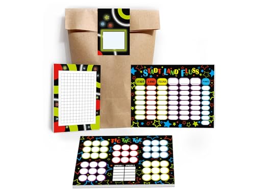 10 Mini-Notizblöcke + 10 Tic Tac Toe A6 + 10 Stadt-Land-Fluss A6 je 25 Blätter + 10 Tüten + 10 Aufkleber Set Gastgeschenk Mitgebsel zum Kindergeburtstag Motto-Party Jungen Jungs Boys bunt neon Disco von Limonia