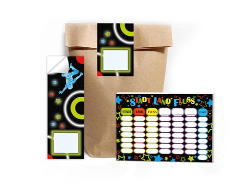 10 Stadt-Land-Fluss je 25 Blätter DIN A6 + 10 Tüten + 10 selbstklebende Aufkleber Gastgeschenk Mitgebsel zum Kindergeburtstag Motto-Party Fest Feier Event Jungen Jungs Boys Schule bunt neon Disco von Limonia