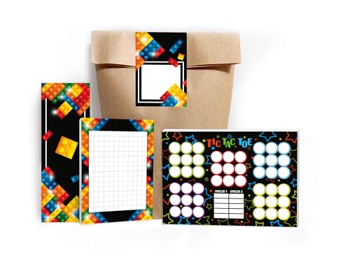12 Lesezeichen + 12 Mini-Notizblöcke A7 + 12 Tic Tac Toe A6 je 25 Blätter + 12 Tüten + 12 Aufkleber Set Gastgeschenk Mitgebsel zum Kindergeburtstag Motto-Party Teenies Mädels Jungs Bausteine bunt von Limonia