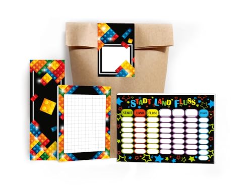 8 Lesezeichen + 8 Mini-Notizblöcke A7 + 8 Stadt-Land-Fluss A6 je 25 Blätter + 8 Tüten + 8 Aufkleber Set Gastgeschenk Mitgebsel zum Kindergeburtstag Motto-Party Unisex Mädels Jungs Bausteine bunt von Limonia