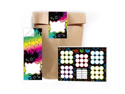 Limonia 10 Tic Tac Toe je 25 Blätter DIN A6 + 10 Tüten + 10 Aufkleber Set Gastgeschenk Mitgebsel zum Kindergeburtstag Motto-Party Fest Feier Event Jungen Jungs Boys Teenies Mädels Schule bunt neon von Limonia