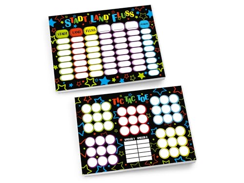 Limonia Set 1 Tic Tac Toe + 1 Stadt Land Fluss je 25 Blätter Papierspiel Mitgebsel Mitbringsel Gastgeschenk zum Kindergeburtstag Fest Motto-Party Reise Unisex Teenies Mädels Jungs Bausteine bunt von Limonia