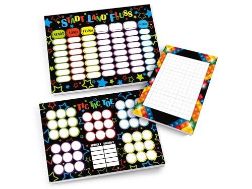Set 1 Tic Tac Toe + 1 Stadt Land Fluss + 1 Mini-Notizblock je 25 Blätter Papierspiel Mitgebsel Mitbringsel Gastgeschenk zum Kindergeburtstag Fest Motto-Party Reise Teenies Mädels Jungs Bausteine bunt von Limonia