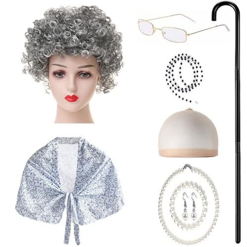 9-teiliges Kostüm für alte Dame für Kinder, Oma-Outfit, Zubehör mit Schal, Brille, Halskette, Ohrringen, Walking Sick 9-teiliges Kostüm für alte Dame für Kinder, Oma-Outfit, Zubehör mit Schal, Brille, Halskette, Ohrringen, Walking Sick von Limtula