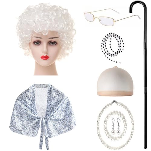 9-teiliges Kostüm für alte Dame für Kinder, Oma-Outfit, Zubehör mit Schal, Brille, Halskette, Ohrringen, Walking Sick 9-teiliges Kostüm für alte Dame für Kinder, Oma-Outfit, Zubehör mit Schal, Brille, Halskette, Ohrringen, Walking Sick von Limtula