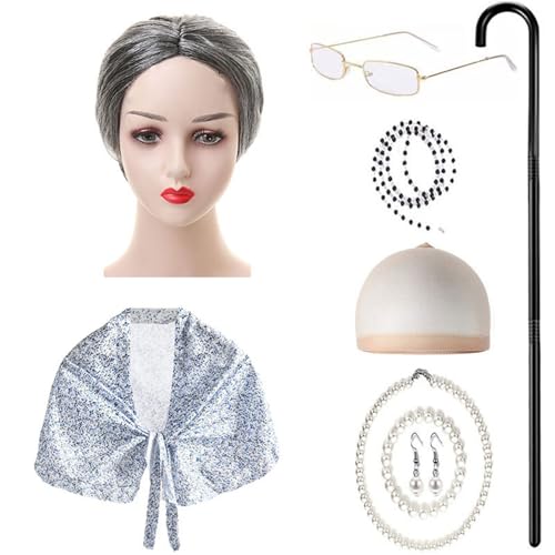 9-teiliges Kostüm für alte Dame für Kinder, Oma-Outfit, Zubehör mit Schal, Brille, Halskette, Ohrringen, Walking Sick 9-teiliges Kostüm für alte Dame für Kinder, Oma-Outfit, Zubehör mit Schal, Brille, Halskette, Ohrringen, Walking Sick von Limtula