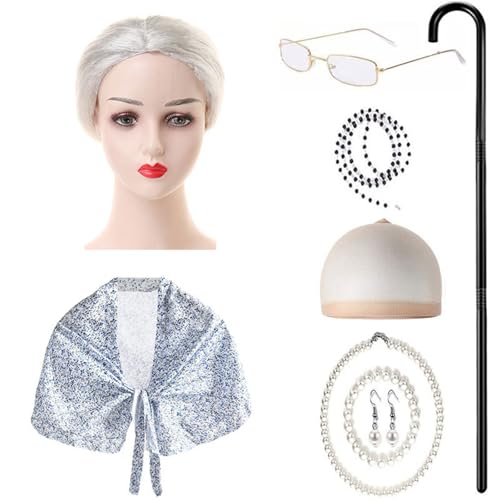 9-teiliges Kostüm für alte Dame für Kinder, Oma-Outfit, Zubehör mit Schal, Brille, Halskette, Ohrringen, Walking Sick 9-teiliges Kostüm für alte Dame für Kinder, Oma-Outfit, Zubehör mit Schal, Brille, Halskette, Ohrringen, Walking Sick von Limtula