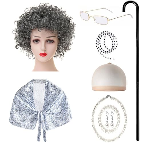 9-teiliges Kostüm für alte Dame für Kinder, Oma-Outfit, Zubehör mit Schal, Brille, Halskette, Ohrringen, Walking Sick 9-teiliges Kostüm für alte Dame für Kinder, Oma-Outfit, Zubehör mit Schal, Brille, Halskette, Ohrringen, Walking Sick von Limtula