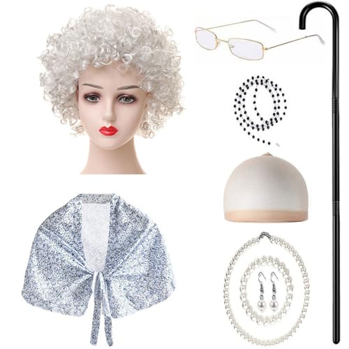 9-teiliges Kostüm für alte Dame für Kinder, Oma-Outfit, Zubehör mit Schal, Brille, Halskette, Ohrringen, Walking Sick 9-teiliges Kostüm für alte Dame für Kinder, Oma-Outfit, Zubehör mit Schal, Brille, Halskette, Ohrringen, Walking Sick von Limtula