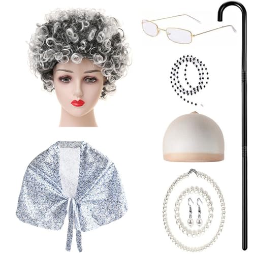 9-teiliges Kostüm für alte Dame für Kinder, Oma-Outfit, Zubehör mit Schal, Brille, Halskette, Ohrringen, Walking Sick 9-teiliges Kostüm für alte Dame für Kinder, Oma-Outfit, Zubehör mit Schal, Brille, Halskette, Ohrringen, Walking Sick von Limtula
