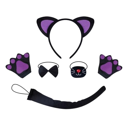 Limtula Katzenohren-Stirnband-Set, Katzen-Haarreifen-Set, Plüschschwanz, Fliege, schönes Tier-Kostüm-Set für Halloween, Cosplay-Party von Limtula