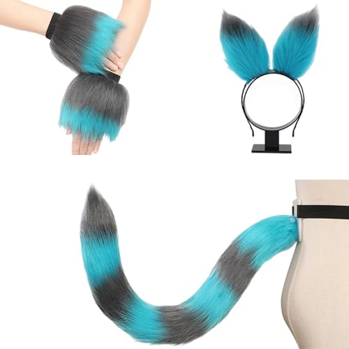 Limtula Rollenspiel Outfit Set Pelziges Schwanzkostüm Plüsch Ohr Stirnband Handgelenk Manschetten Für Frauen Halloween Tierkostüm von Limtula