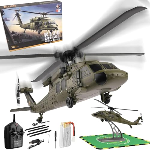 WL K170 RC Helicopter,2.4G 4CH Flybarless 6-Axis Gyroscope Altitude Hovering RC Military Helicopter with Display Stand and Apron Takeoff Landing Pads,Aircraft Flying Toy Model (3 Battery Version) von LinZong