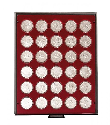 Münzbox RAUCHGLAS mit 30 runden Vertiefungen für Münzkapseln mit Außen-Ø39,5 mm, z.B. für deutsche 20 Euro-/10 Euro-Silbermünzen in LINDNER Münzkapseln von LINDNER Das Original