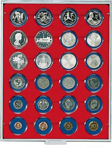 Lindner Das Original: Münzboxen mit runden Vertiefungen für verkapselte Münzen mit passende Münzkapseln (2624: Rauchglas - Dunkelrot, Ø 41 mm + 24 Kapseln) von Lindner