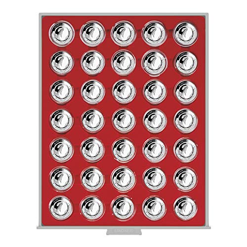 Lindner Das Original: Münzboxen mit runden Vertiefungen für verkapselte Münzen mit passenden Münzkapseln (2225: Standard - Hellrot, Ø 36 mm + 35 Kapseln) von Lindner