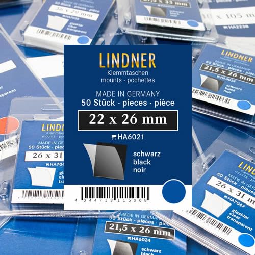 Lindner Klemmtaschen-Zuschnitte, 50 Stück, in 2 Farben und 59 Verschiedene Größen für die gebräuchlichsten Briefmarkenformate zur Auswahl (22 x 26 mm, schwarz) von Lindner