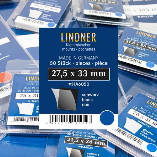 Lindner Klemmtaschen-Zuschnitte, 50 Stück, in 2 Farben und 59 Verschiedene Größen für die gebräuchlichsten Briefmarkenformate zur Auswahl (27,5 x 33 mm *, Schwarz) von Lindner