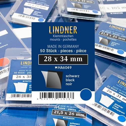 Lindner Klemmtaschen-Zuschnitte, 50 Stück, in 2 Farben und 59 Verschiedene Größen für die gebräuchlichsten Briefmarkenformate zur Auswahl (28 x 34 mm, Schwarz) von Lindner