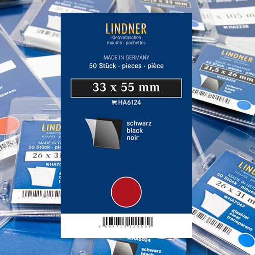 Lindner Klemmtaschen-Zuschnitte, 50 Stück, in 2 Farben und 59 Verschiedene Größen für die gebräuchlichsten Briefmarkenformate zur Auswahl (33 x 55 mm *, Schwarz) von Lindner