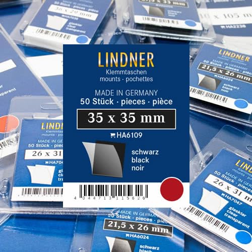 Lindner Klemmtaschen-Zuschnitte, 50 Stück, in 2 Farben und 59 Verschiedene Größen für die gebräuchlichsten Briefmarkenformate zur Auswahl (35 x 35 mm *, Schwarz) von Lindner