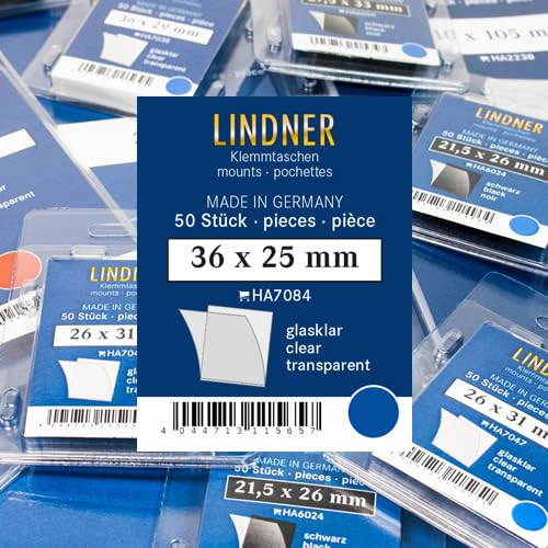 Lindner Klemmtaschen-Zuschnitte, 50 Stück, in 2 Farben und 59 Verschiedene Größen für die gebräuchlichsten Briefmarkenformate zur Auswahl (36 x 25 mm, Glasklar) von Lindner