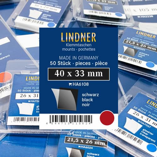 Lindner Klemmtaschen-Zuschnitte, 50 Stück, in 2 Farben und 59 Verschiedene Größen für die gebräuchlichsten Briefmarkenformate zur Auswahl (40 x 33 mm, Schwarz) von Lindner