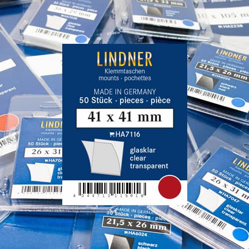 Lindner Klemmtaschen-Zuschnitte, 50 Stück, in 2 Farben und 59 Verschiedene Größen für die gebräuchlichsten Briefmarkenformate zur Auswahl (41 x 41 mm *, Glasklar) von Lindner