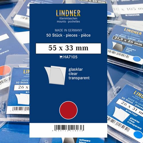 Lindner Klemmtaschen-Zuschnitte, 50 Stück, in 2 Farben und 59 Verschiedene Größen für die gebräuchlichsten Briefmarkenformate zur Auswahl (55 x 33 mm *, Glasklar) von Lindner