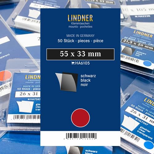 Lindner Klemmtaschen-Zuschnitte, 50 Stück, in 2 Farben und 59 Verschiedene Größen für die gebräuchlichsten Briefmarkenformate zur Auswahl (55 x 33 mm *, Schwarz) von Lindner