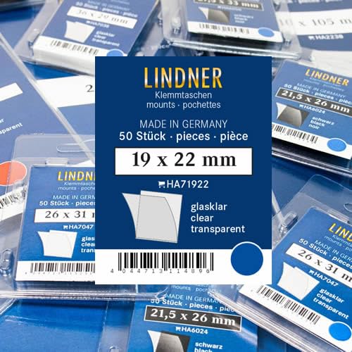 Lindner Klemmtaschen-Zuschnitte, 50 Stück, in 2 Farben und 59 Verschiedene Größen für die gebräuchlichsten Briefmarkenformate zur Auswahl (19 x 22 mm, Glasklar) von Lindner