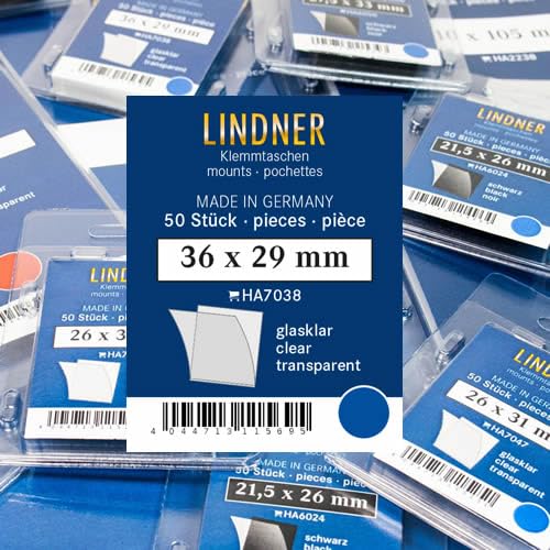 Lindner Klemmtaschen-Zuschnitte, 50 Stück, in 2 Farben und 59 Verschiedene Größen für die gebräuchlichsten Briefmarkenformate zur Auswahl (36 x 29 mm, Glasklar) von Lindner