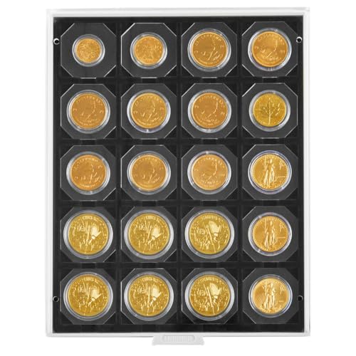 LINDNER Das Original Münzbox Carbo mit 20 quadratischen Fächern für Münzrähmchen 50x50 mm/Münzkapseln CARRÉE/OCTO Münzkapseln von LINDNER Das Original