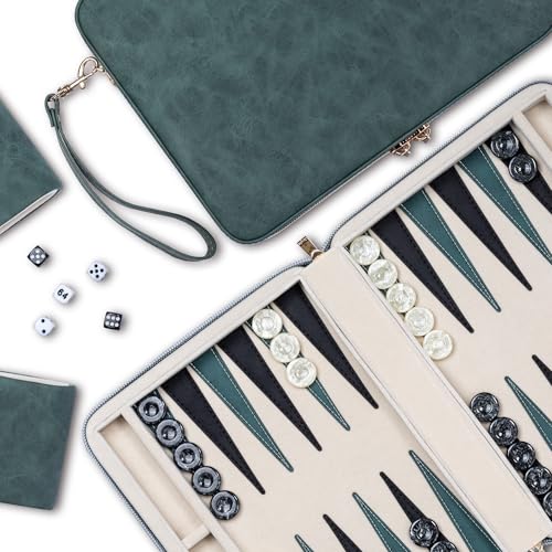 Backgammon Sets for Adults, Classic Board Game with Folding Leather Backgammon Case, Portable Travel Game Set (Green) von Lingle
