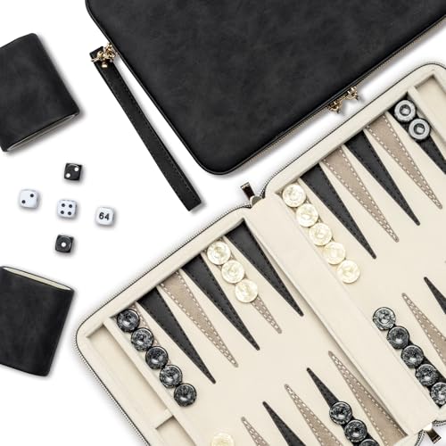 Backgammon-Sets für Erwachsene, klassisches Brettspiel mit faltbarem Leder-Backgammonetui, tragbares Reise-Backgammon-Set, inklusive 30 künstlichen Horn-Checkern (Black) von Lingle