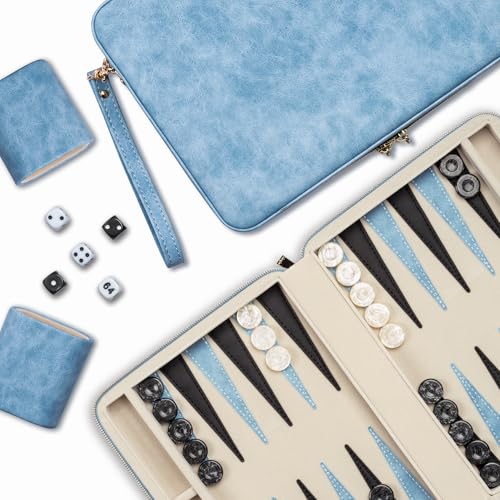 Backgammon-Sets für Erwachsene, klassisches Brettspiel mit faltbarem Leder-Backgammonetui, tragbares Reise-Backgammon-Set, inklusive 30 künstlichen Horn-Checkern (Blue) von Lingle