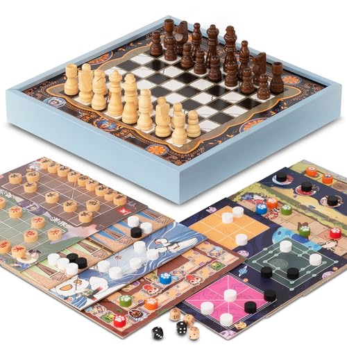 Lingle 16-in-1 Combo-Spielsatz mit Schach, Dame, Backgammon, Chinesisches Schach, Pachinko, Schlangen und Leitern, Gänse-und-Fox-Spiel, Fuchs und Gänse, Gomoku, Tic-Tac-Toe und mehr von Lingle