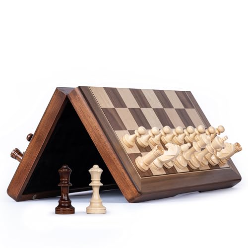 Lingle 38 cm Reisen hölzerne klappbare Schachspiel Set mit 7,6 cm König Höhe Schachfiguren - Walnuss & Ahorn Inlay, 2 extra Königin/Brettspiele von Lingle