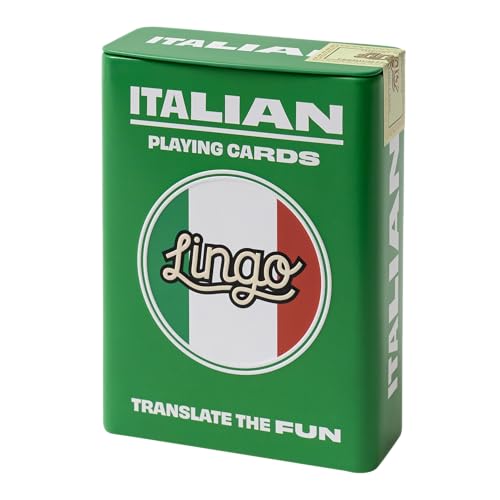 Italian Lingo Spielkarten in Wayfarer Blechbox, Reise-Lernkarten, Italienisches Vokabular auf lustige und einfache Weise lernen, 52 wichtige Übersetzungen von Lingo