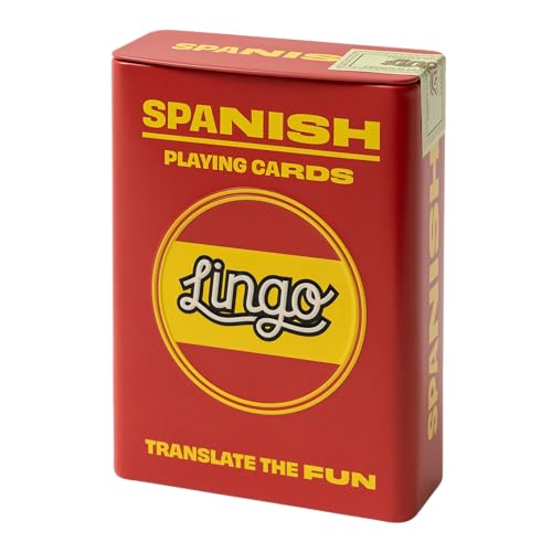 Lingo Spanische Spielkarten in Wayfarer-Blechbox, Reise-Lernkarten, Spanisches Vokabular auf lustige und einfache Weise lernen, 52 wichtige Übersetzungen von Lingo