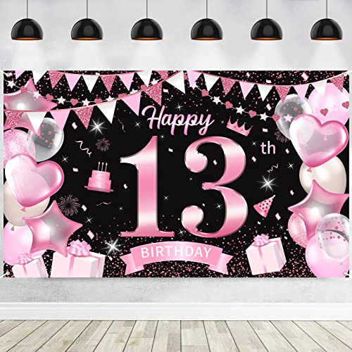 13. Geburtstag Deko für Mädchen, Groß Stoff 13 Geburtstag Hintergrund Banner, Schwarz und Rosa 13 Jahr Geburtstag Party Banner Dekoration Schild Poster für Roségold Geburtstagsdeko, 185x110 cm von Lingqiang