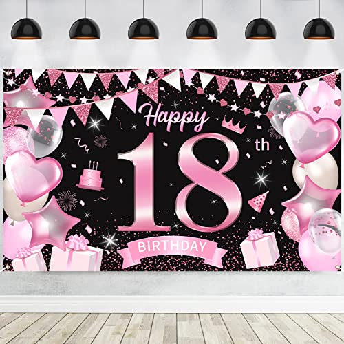 18. Geburtstag Banner für Mädchen, Rosegold Schwarz 18 Geburtstag Party Hintergrund Deko, Großes Stoff 18 Jahr Geburtstagsdeko Poster für 18. Mädchen Tisch Wand Dekoration Zubehör, 185 x 110 cm von Lingqiang