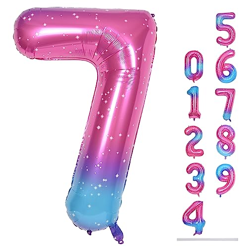 40 Zoll Luftballon 7 Geburtstag Regenbogen, 101cm Gradient Rosa Blau Folienballon Zahl 7, Bunt Stern Zahlen 7. Geburtstagsdeko Ballon für Mädchen, Helium Zahlenballon 7 Deko zum Frau Jubiläum Party von Lingqiang