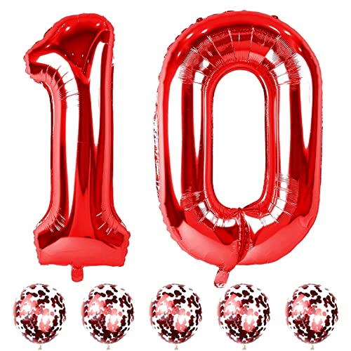 40 Zoll Zahlen Luftballon 10, Rot Folienballon Zahl 1 & 0 mit Konfetti Helium Ballons, Riesen Nummer 10 Geburtstag Luftballons für Mädchen Junge 10. Geburtstagsdeko Jahrestag Jubiläum Party Dekoration von Lingqiang