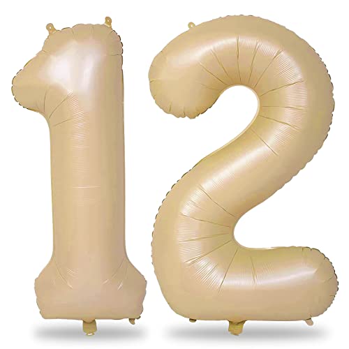 40 Zoll Zahlen Luftballon 12, Braun Folienballon Zahl 1 & 2 Helium Ballons, Riesen Beige 12 Jahre Geburtstag Deko für Mädchen Junge 12. Geburtstagsdeko Frau Mann Jahrestag Jubiläum Party Dekoration von Lingqiang
