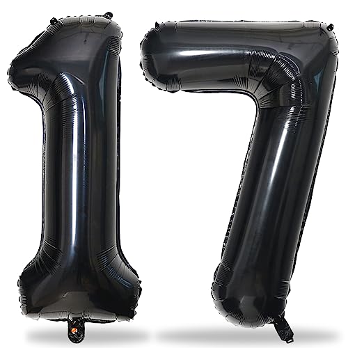40 Zoll Zahlen Luftballon 17, Schwarz Folienballon Zahl 1 & 7 Helium Ballons, Schwarz 17 Jahre Geburtstag Deko für Mädchen Junge 17. Geburtstagsdeko Frau Mann Jahrestag Jubiläum Party Deko von Lingqiang