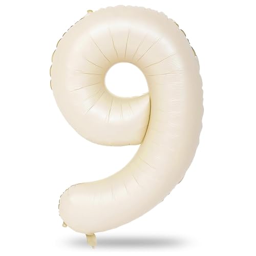Beige Folienballon Zahl 9, 101 cm XXL Creme Weiß Zahlenballon 9 für Mädchen, Sandweiß Zahlen Luftballon 9. Geburtstag Helium Ballon 9 für Mann Frau Boho Geburtstagsdeko Jubiläum Neujahr Party Deko von Lingqiang