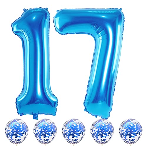 Blau Luftballon 17. Geburtstag Junge, XXL Riesen Zahl 17 Luftballons mit Konfetti Ballons, Folienballon Zahlen 1 & 7 für Mädchen Mann 17. 71. Geburtstagsdeko Jubiläum Party Deko, Fliegt mit Helium von Lingqiang