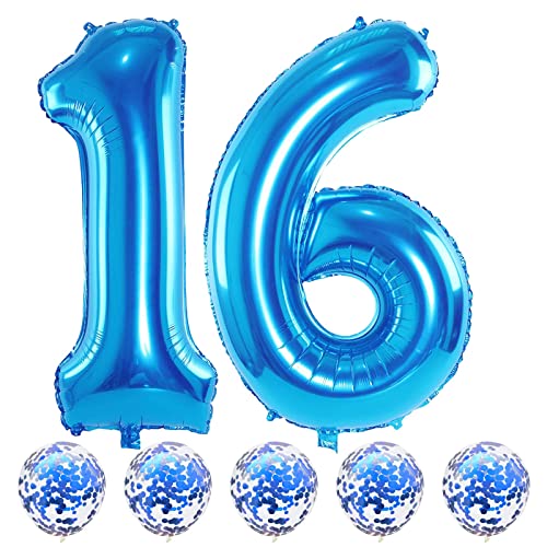 Blau Luftballon Zahl 16, 40" Folienballons Zahlen 16 mit Blau Konfetti Helium Ballons, Riesen Nummer 16. Geburtstag Luftballons für Junge Mann 16. 61. Geburtstagsdeko Jubiläum Deko, Fliegt mit Helium von Lingqiang