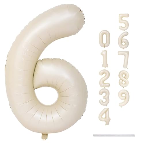 Boho Luftballon Zahl 6 Mädchen, 101 cm XXL Beige Folienballon 6 Zahlen Geburtstag Ballon, Groß Creme Helium Zahlenballon 6. Geburtstagsdeko zum Mann Frau Jubiläum Kindergeburtstag Neujahr Party Deko von Lingqiang